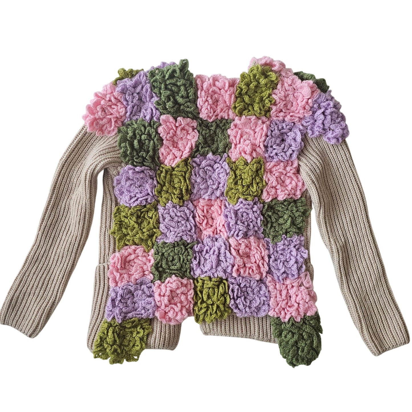 Handmade Beige Open-Front Knit Cardigan Upcycled With Floral Crochet Accents Long Sleeves & Front Pockets Womens Size M