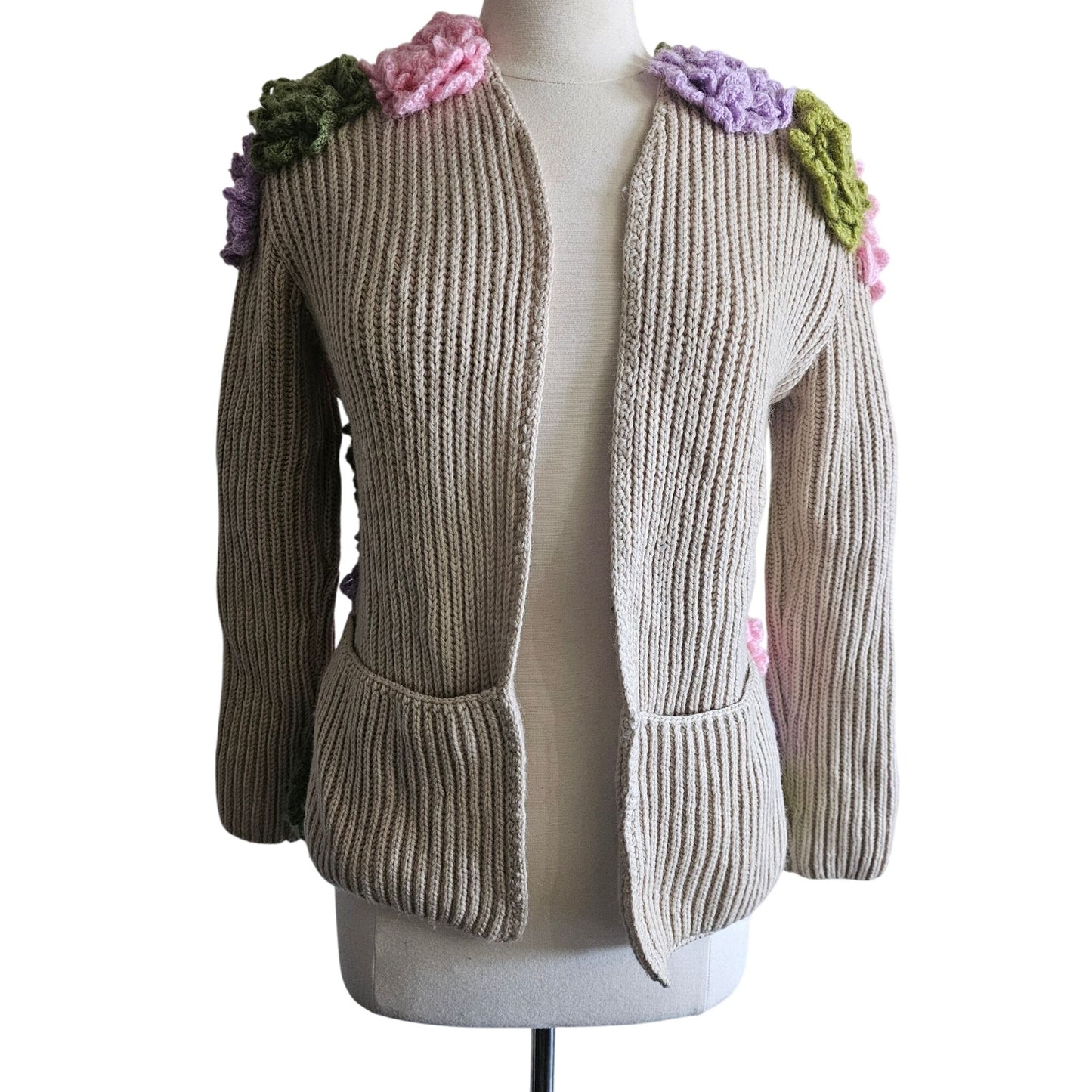 Handmade Beige Open-Front Knit Cardigan Upcycled With Floral Crochet Accents Long Sleeves & Front Pockets Womens Size M