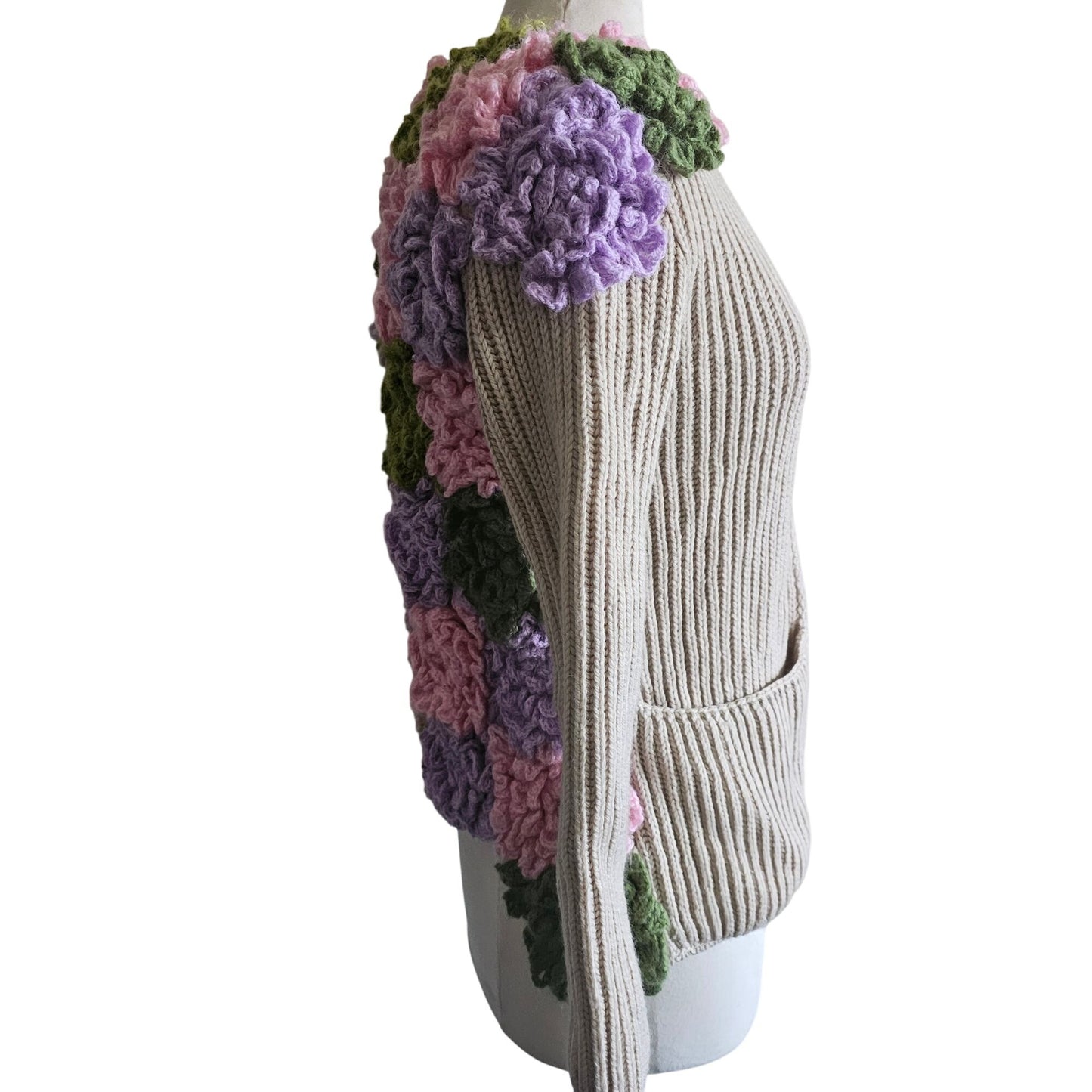Handmade Beige Open-Front Knit Cardigan Upcycled With Floral Crochet Accents Long Sleeves & Front Pockets Womens Size M