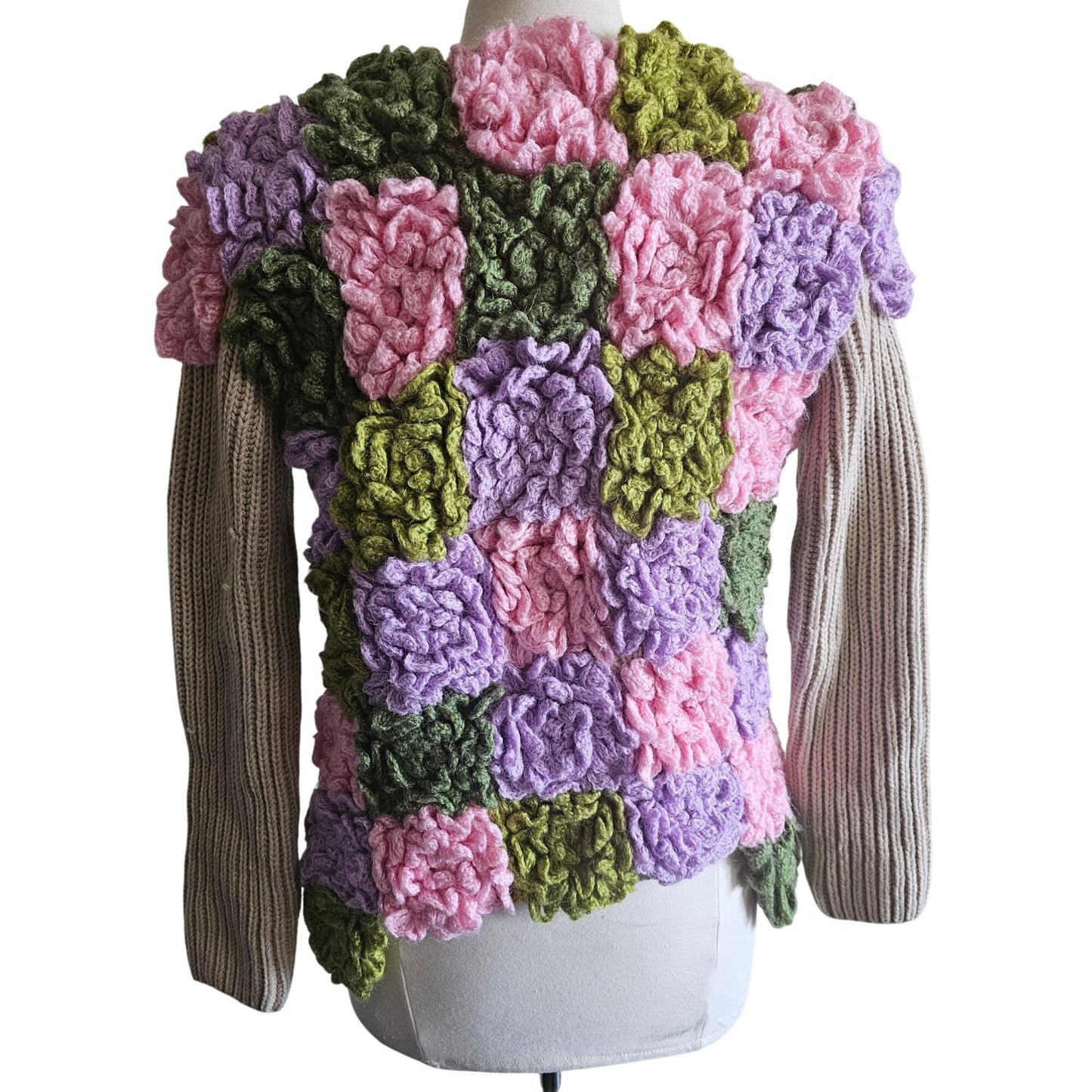 Handmade Beige Open-Front Knit Cardigan Upcycled With Floral Crochet Accents Long Sleeves & Front Pockets Womens Size M