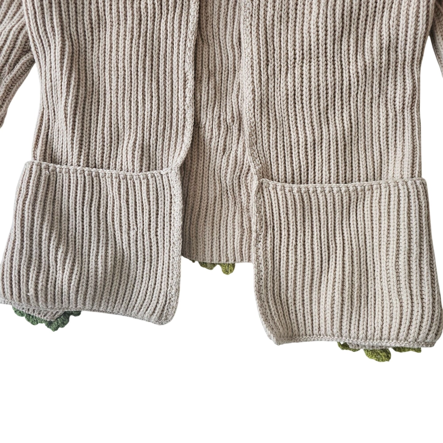 Handmade Beige Open-Front Knit Cardigan Upcycled With Floral Crochet Accents Long Sleeves & Front Pockets Womens Size M