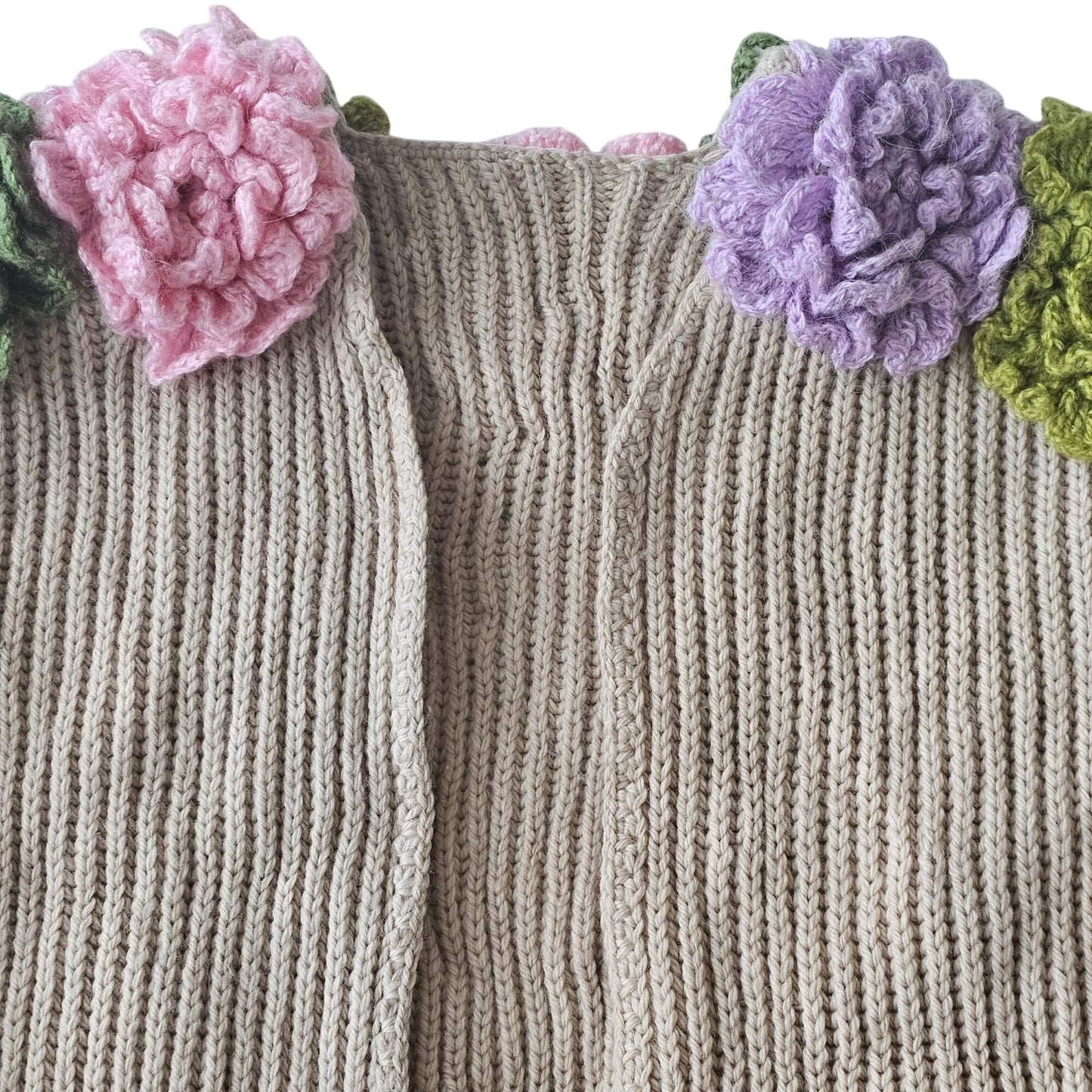 Handmade Beige Open-Front Knit Cardigan Upcycled With Floral Crochet Accents Long Sleeves & Front Pockets Womens Size M