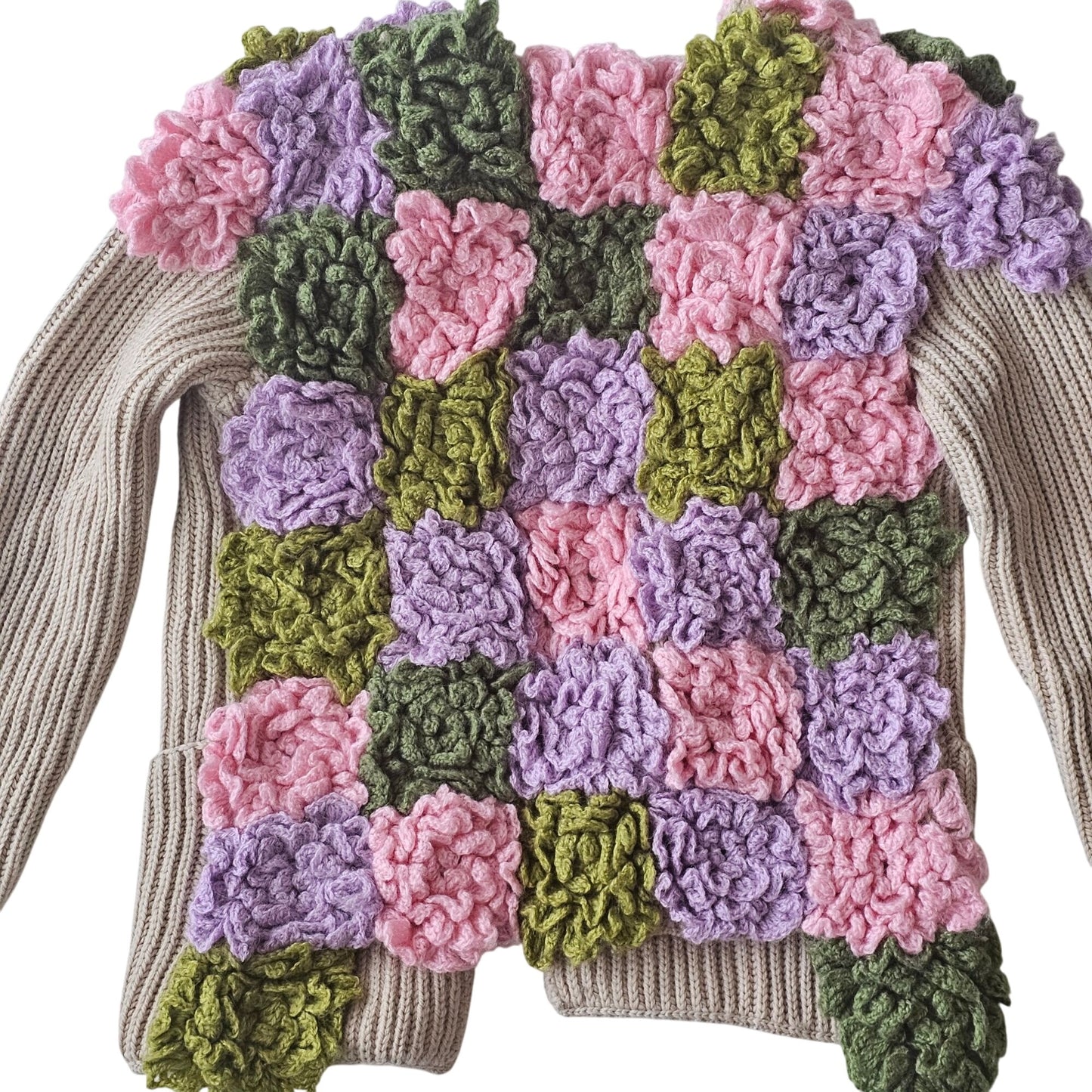 Handmade Beige Open-Front Knit Cardigan Upcycled With Floral Crochet Accents Long Sleeves & Front Pockets Womens Size M