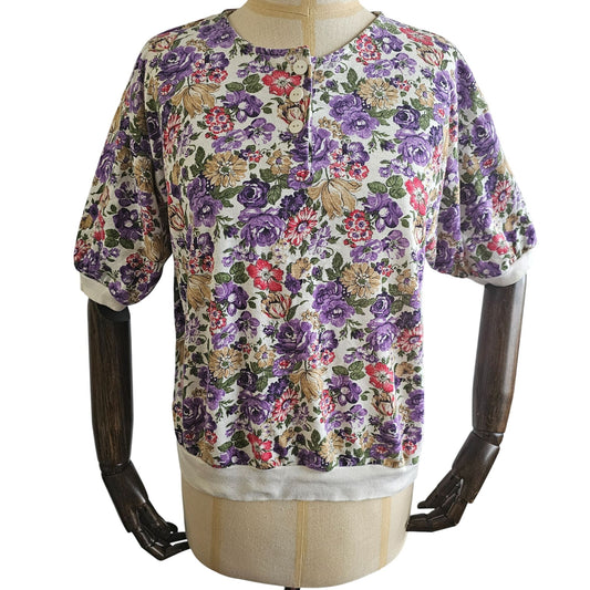 Cape Cod Sportswear Vintage 1980s Floral Print Womens Short Sleeves Top With Front Button Closure