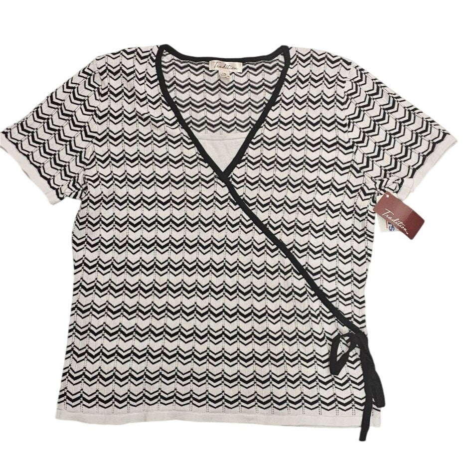 Tradition Womens Black & White Chevron Pattern Top Sz L/G 16 (14-16) Short Sleeves With Tie Detail
