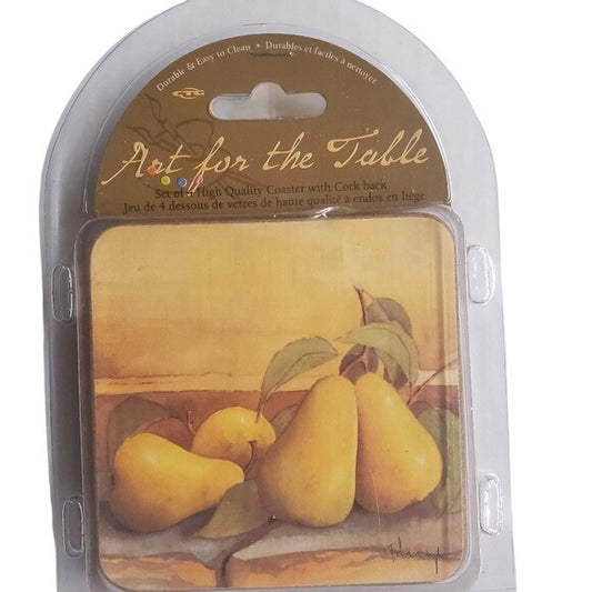 Art For The Table High-Quality Coaster Set Of 4 With Cork Back Pear Design Durable & Easy To Clean