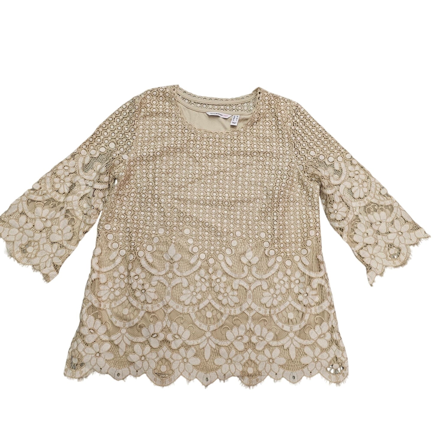 Isaac Mizrahi Live Womens Beige Floral Lace Top Bell Sleeves Size M