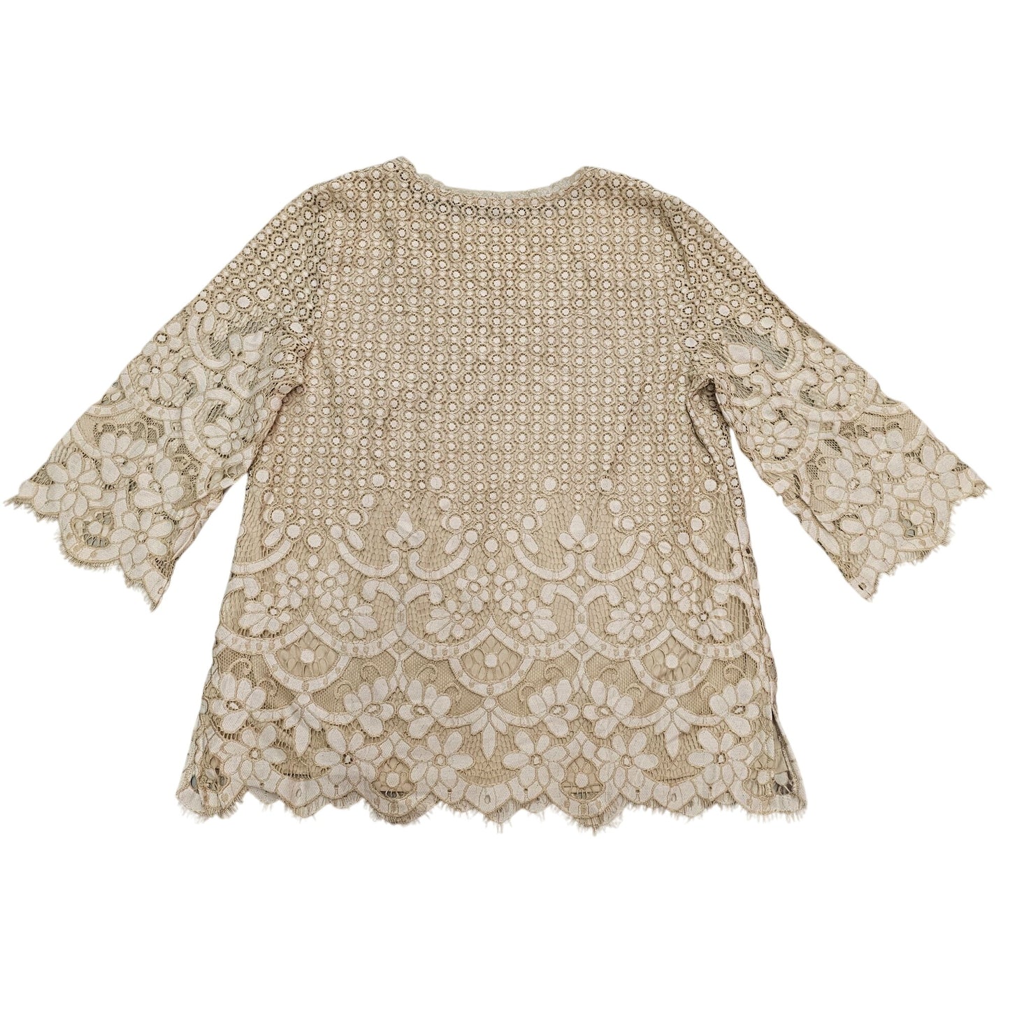 Isaac Mizrahi Live Womens Beige Floral Lace Top Bell Sleeves Size M