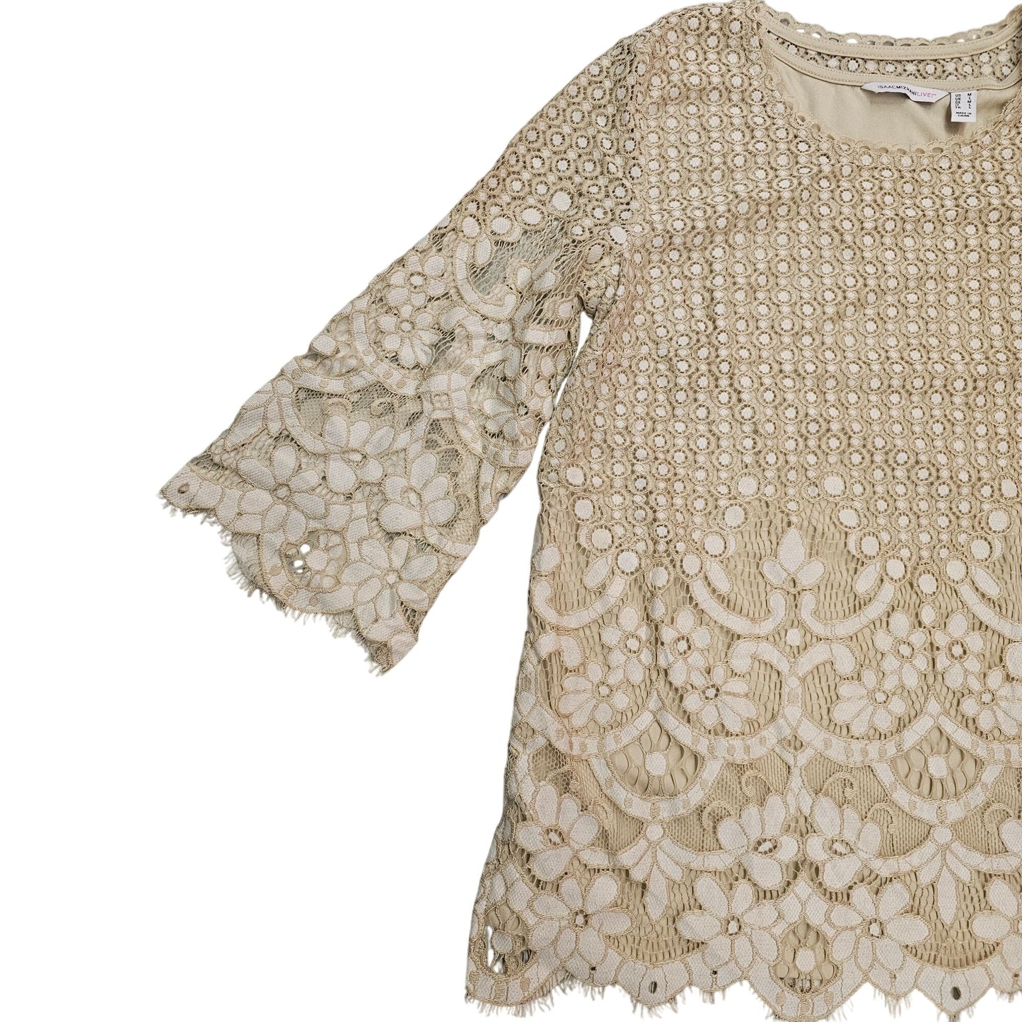 Isaac Mizrahi Live Womens Beige Floral Lace Top Bell Sleeves Size M